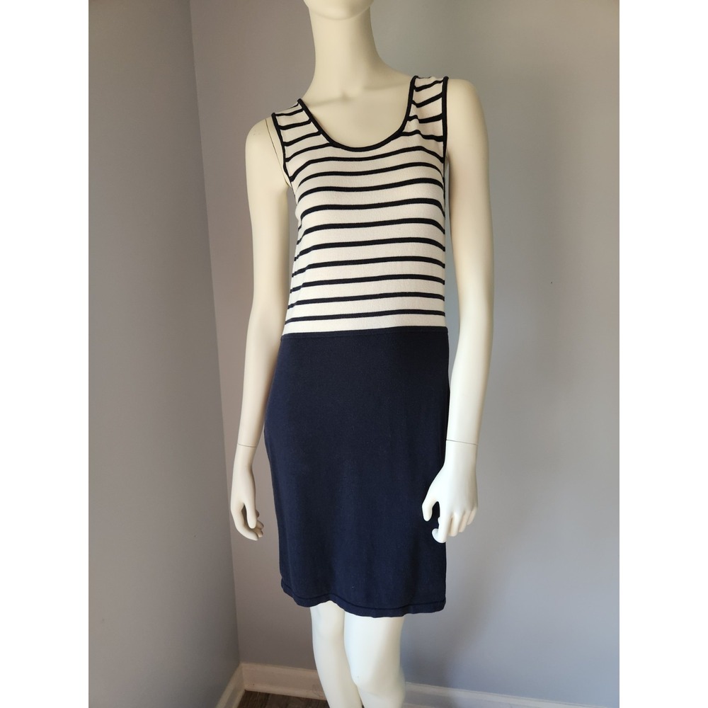 BANANA REPUBLIC Womens SMALL dark blue white striped knit sweater dress mid calf